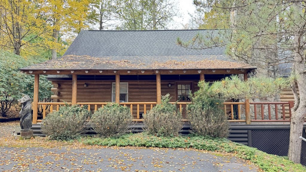 Front of the log cabin with a long covered porch, log railings, shrubs and a tall pine tree