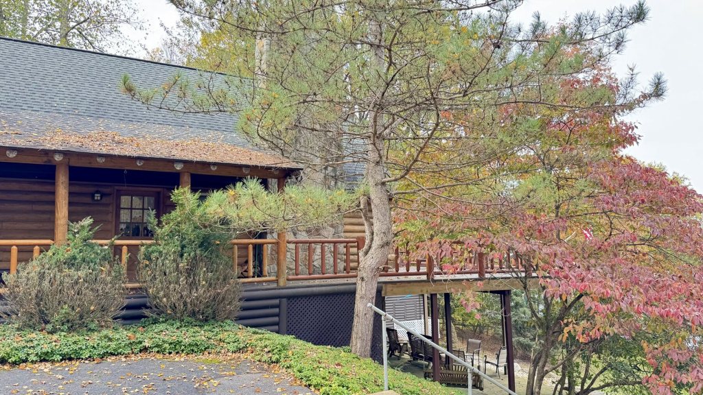 Side of the log cabin with a deck above a shaded patio and a tree with red fall leaves