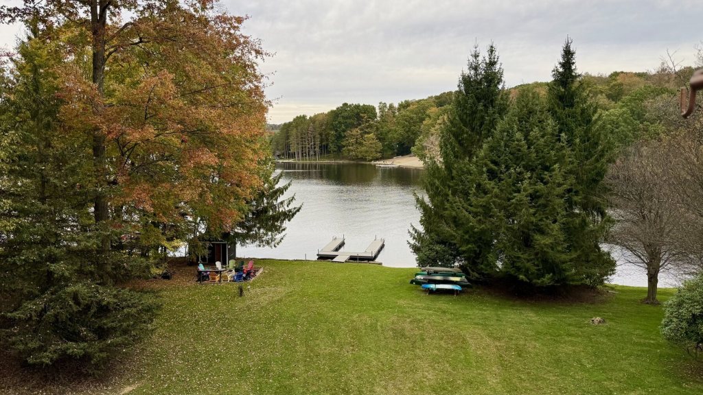 Lakeside lawn with boat docks, picnic tables and tall evergreens