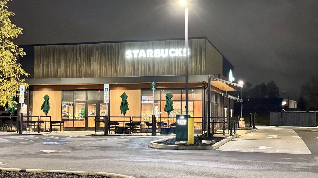 Starbucks in DuBois on a dry, cloudy Monday morning with the patio umbrellas folded